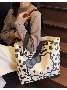 HELLO KITTY Black & White Leopard Print Canvas Tote Shopping Bag NEW & SO CUTE!